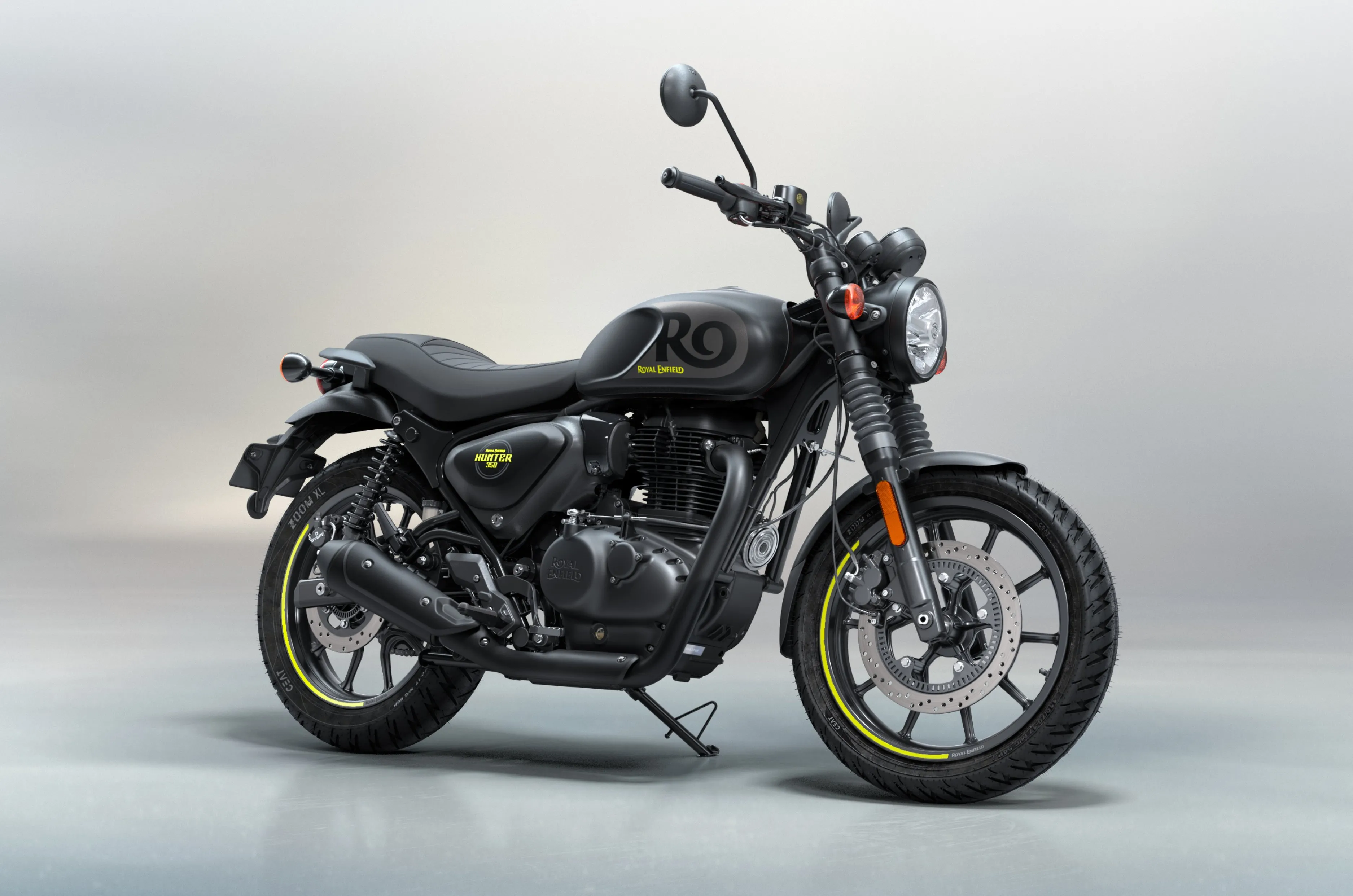 Royal Enfield Hunter 350 motorcycle in studio view