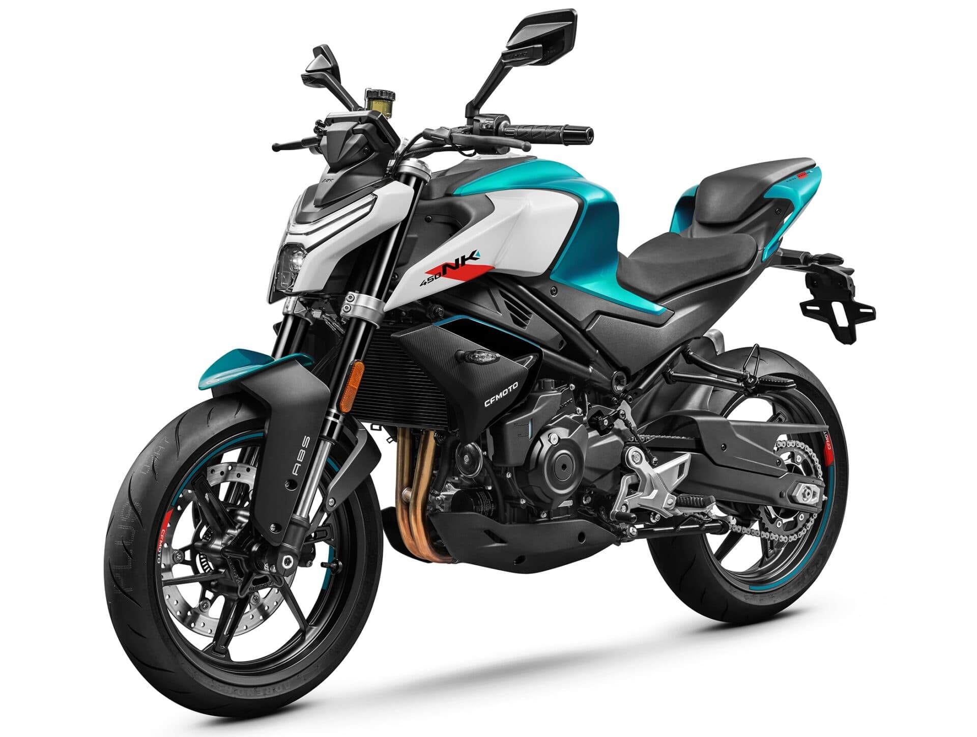 CFMOTO 450NK naked motorcycle in studio view