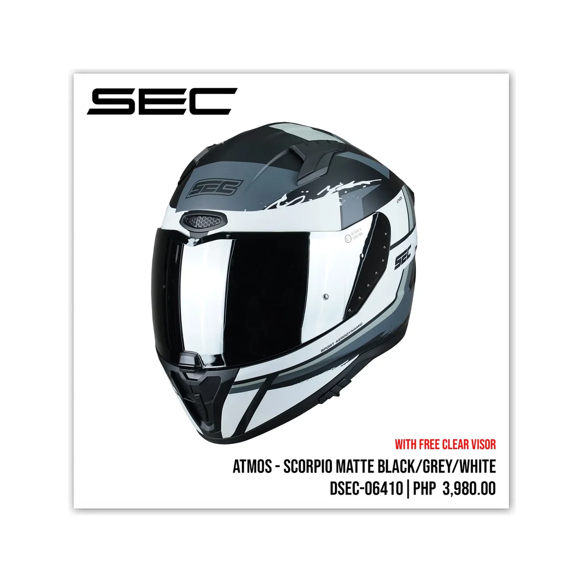 SEC ATMOS Scorpio modular motorcycle helmet in black, grey and white