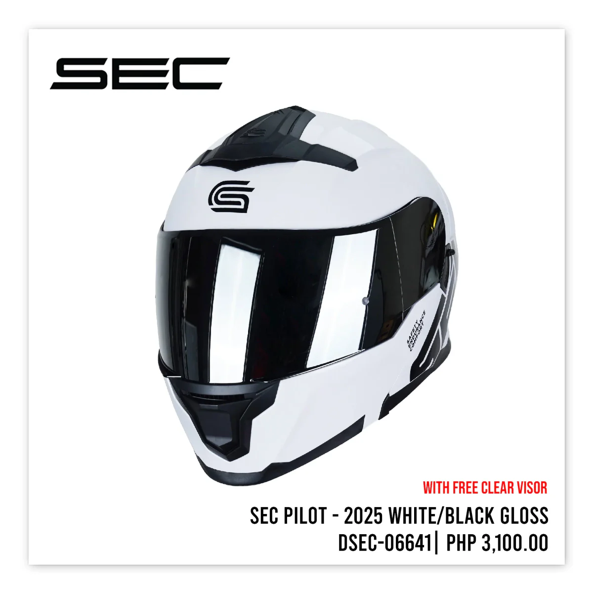 SEC Pilot 2025 modular motorcycle helmet in white and black