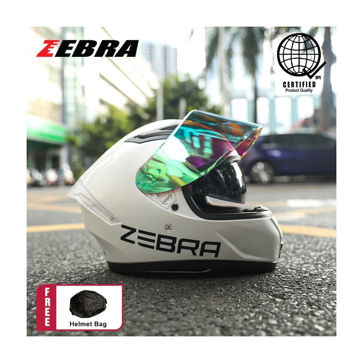 Zebra Alistair 2024 full-face motorcycle helmet in white