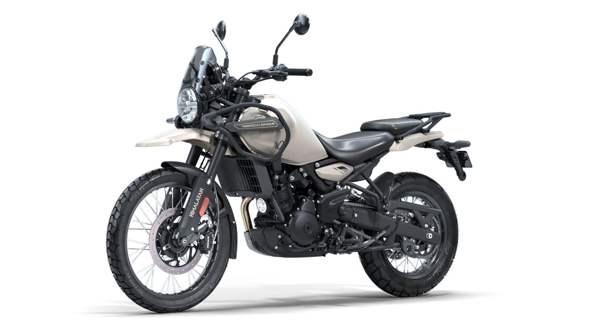 Royal Enfield Himalayan 450 adventure motorcycle in studio view